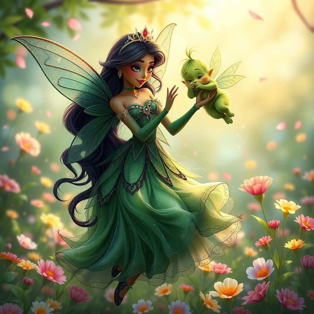 Mystical Fairy Princess Tiana in Whimsical Spring Meadow