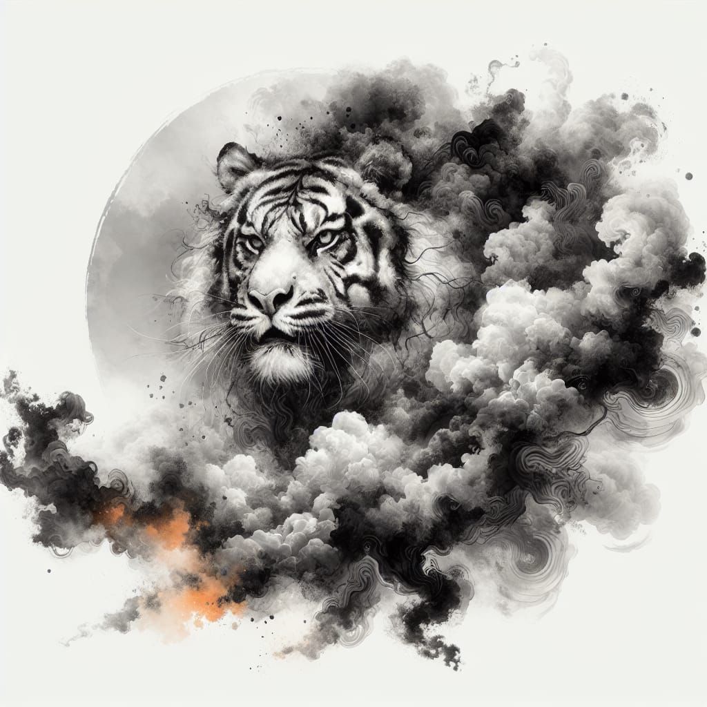 Tiger in Chinese Ink Painting Style with Clouds