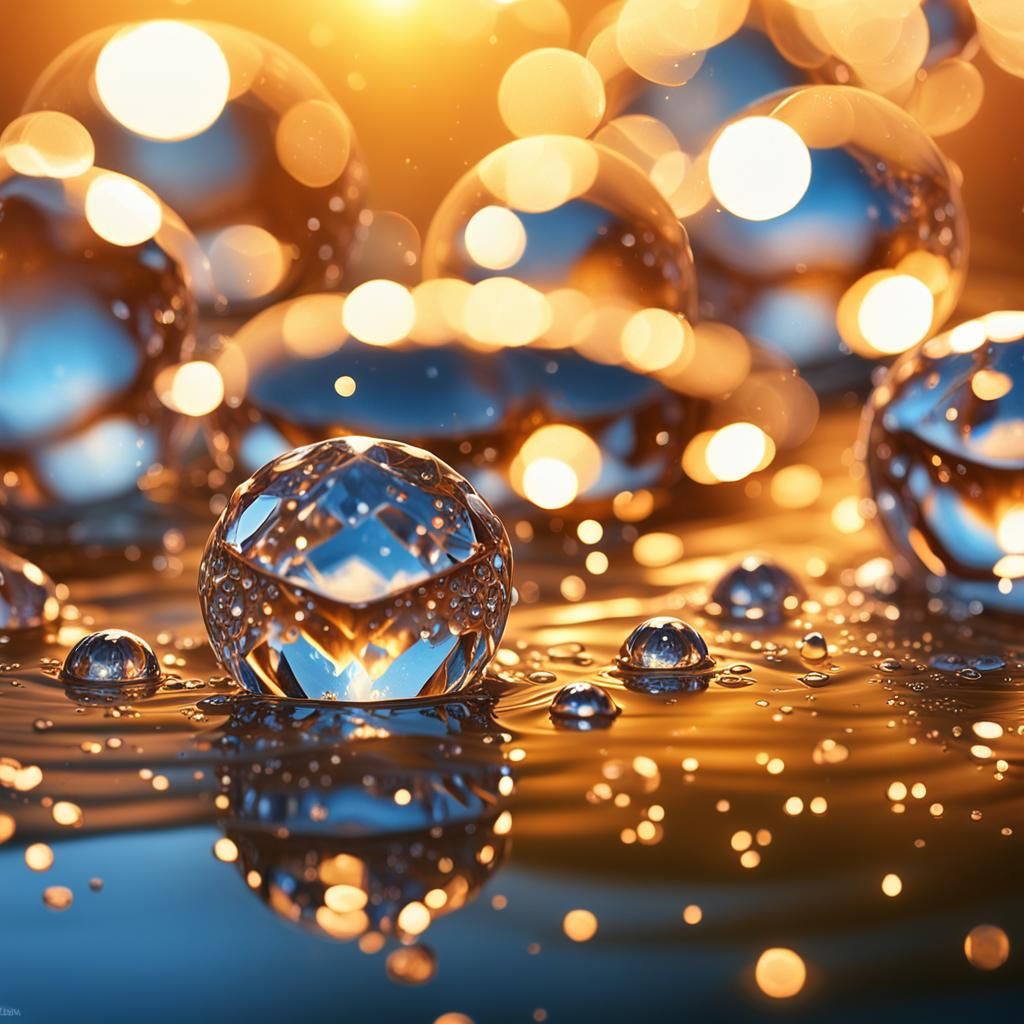 Sparkling Water Droplets Reflecting Sunlight in Digital Art