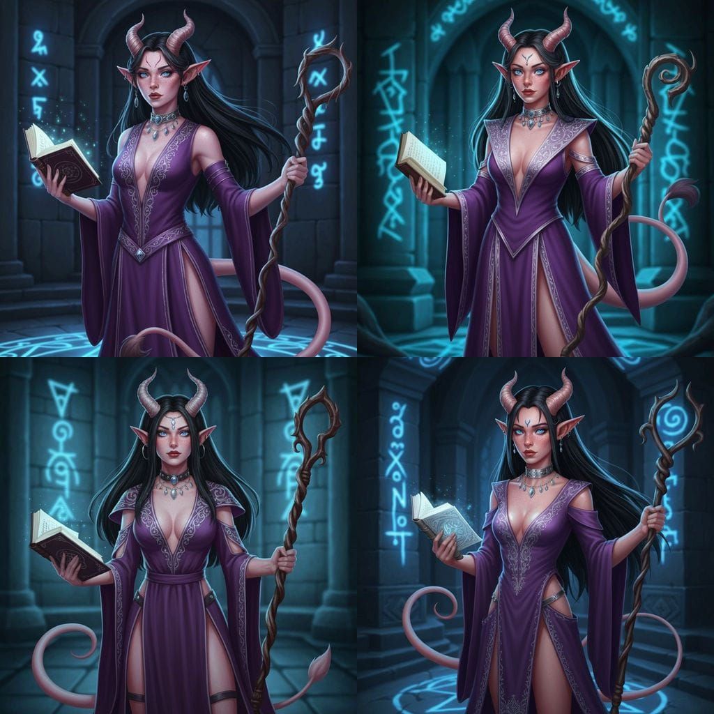 Tiefling Sorceress with Spellbook and Staff