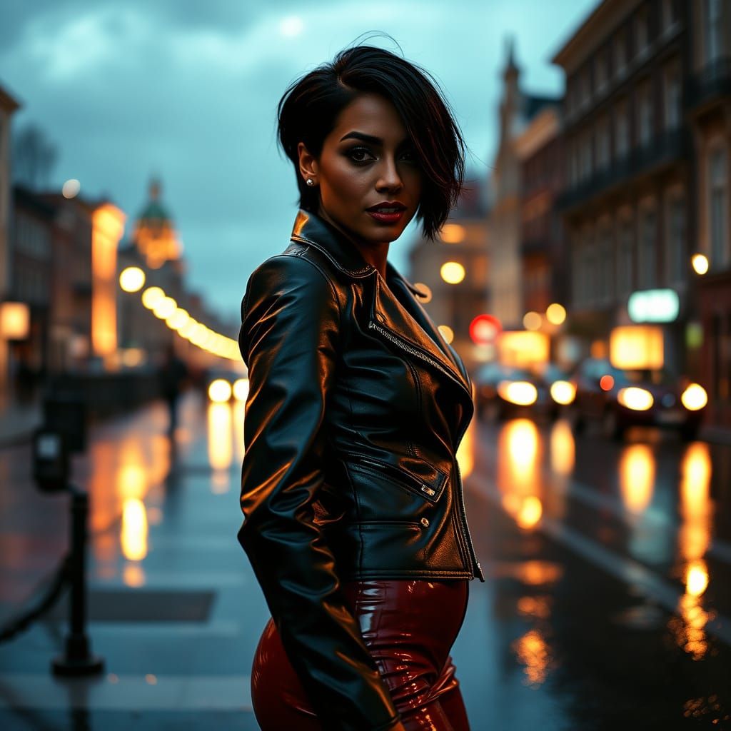 Sultry Spanish Businesswoman in Rainy Night Glamour