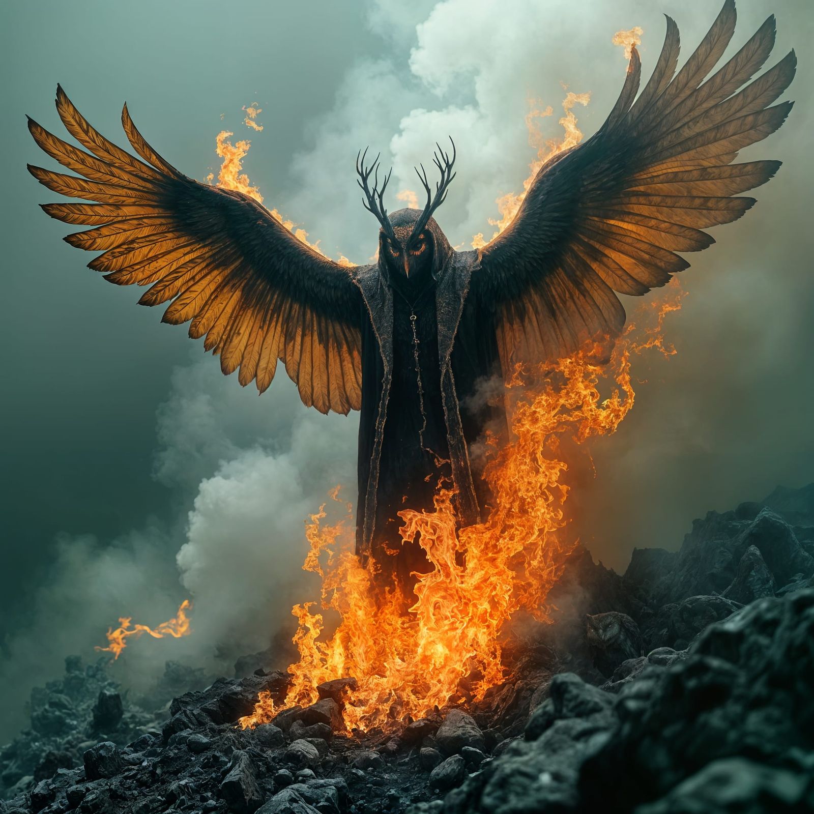 Ethereal Phoenix Rises from Flames in Abstract Digital Art