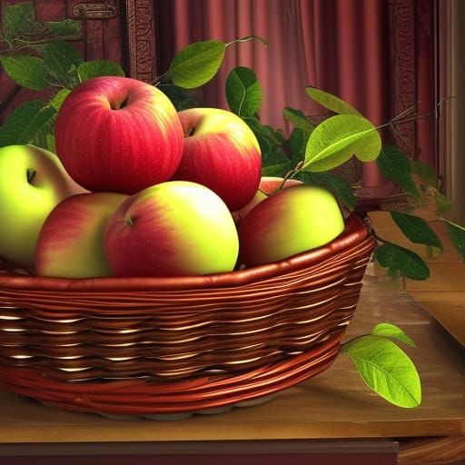 Juicy Apples in Basket: Photorealistic Art Nouveau