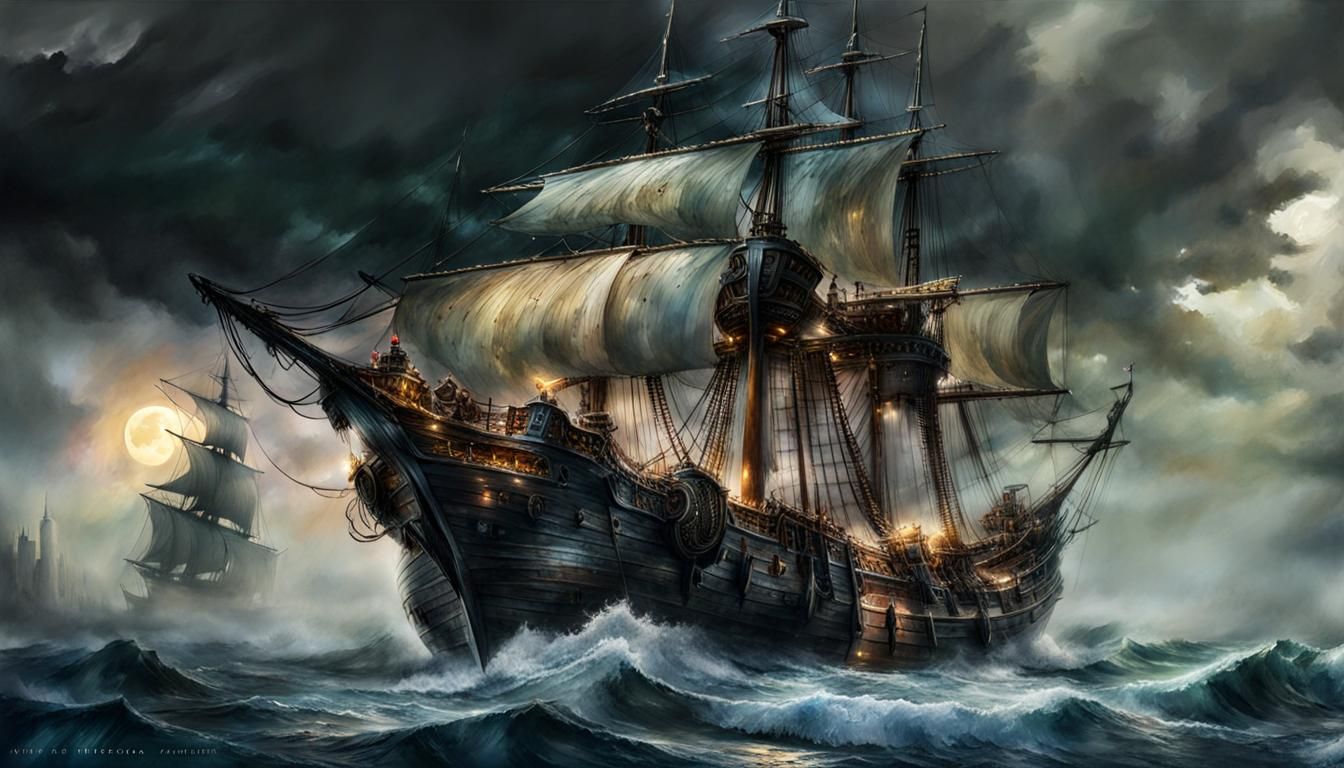 Galleon on Dark Seas: Digital Watercolor Illustration