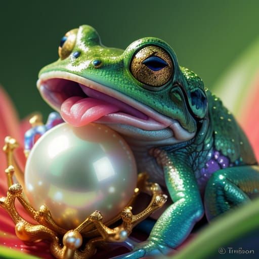 Frog with Pearl: Vibrant Oil Painting