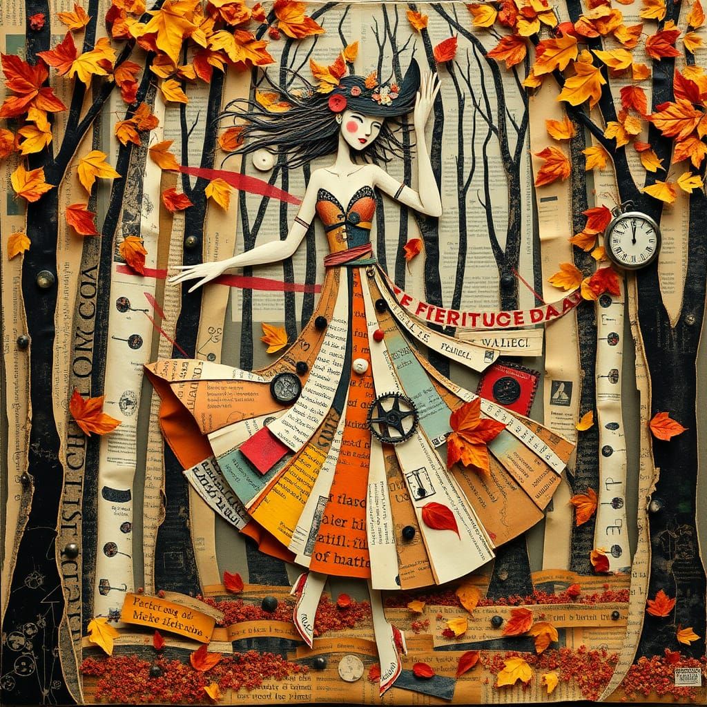 Kaleidoscopic Autumn Dance: A Mixed Media Collage