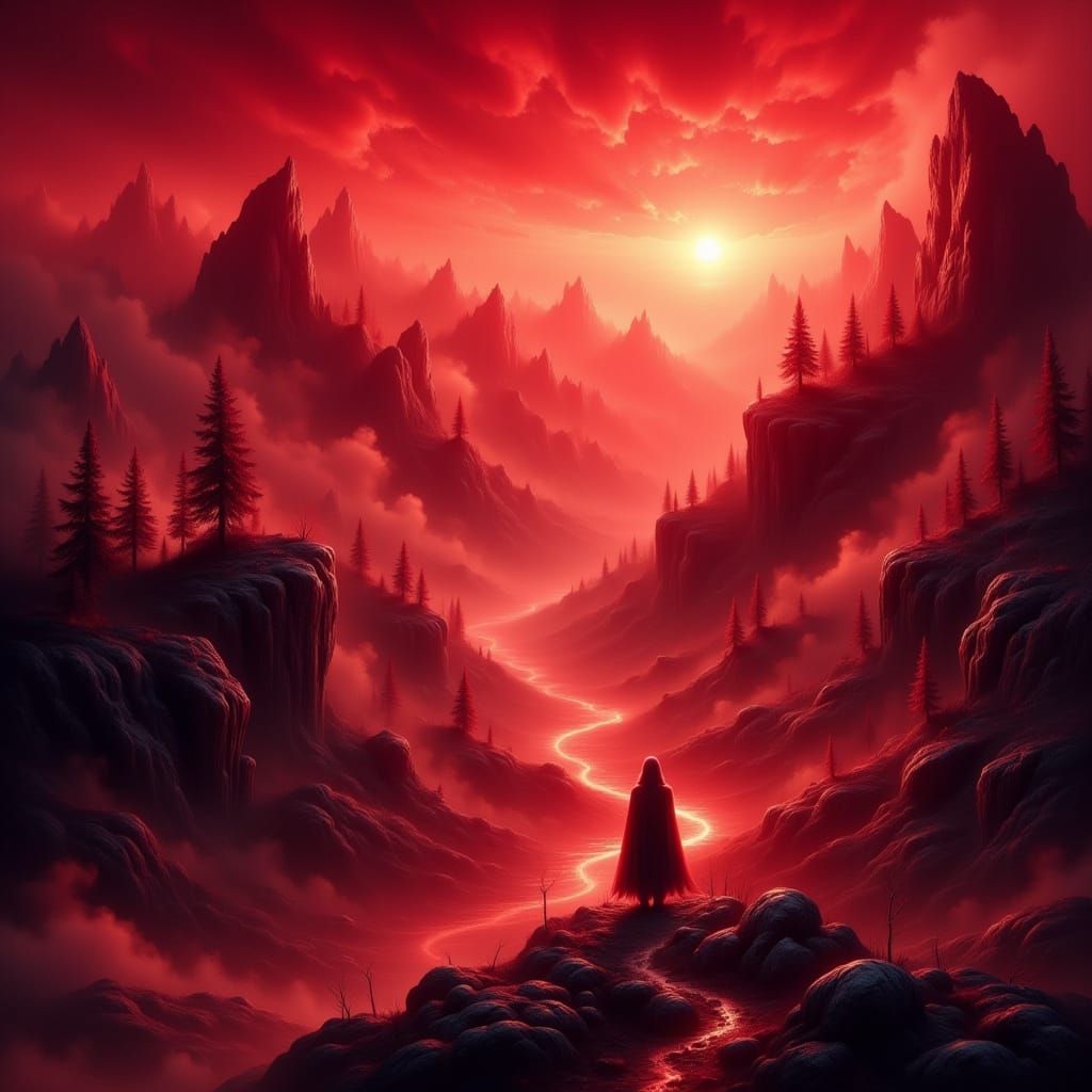 Surreal Red Dreamscape with Crimson Skies and Ruby Mountains
