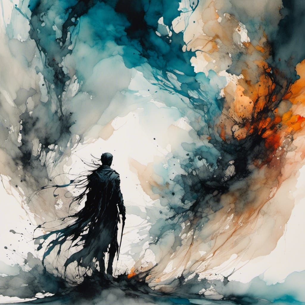 Cosmic Silhouette in Ink Wash Painting Style