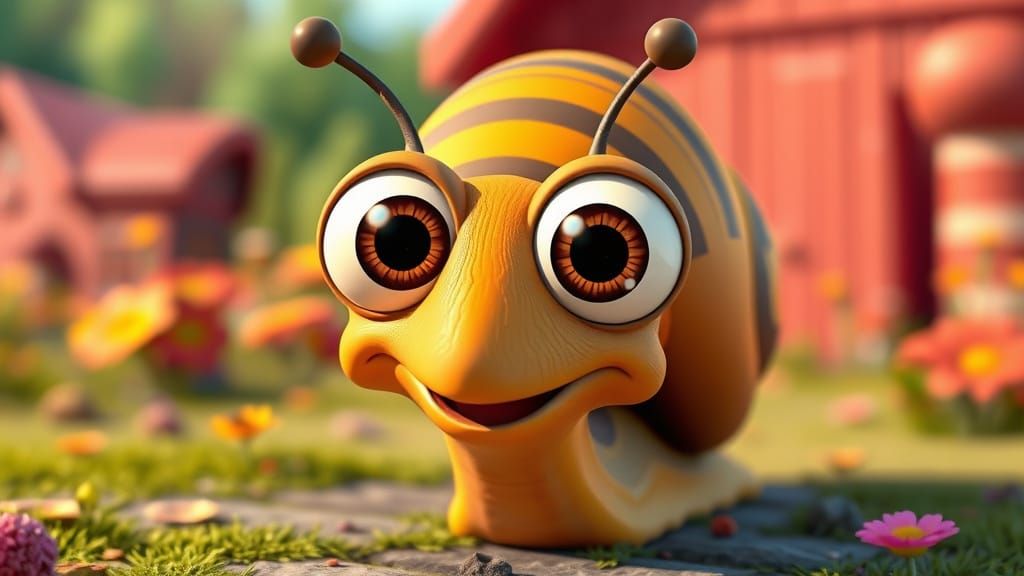 Cheerful Snail with Oversized Eyes in Pixar Style