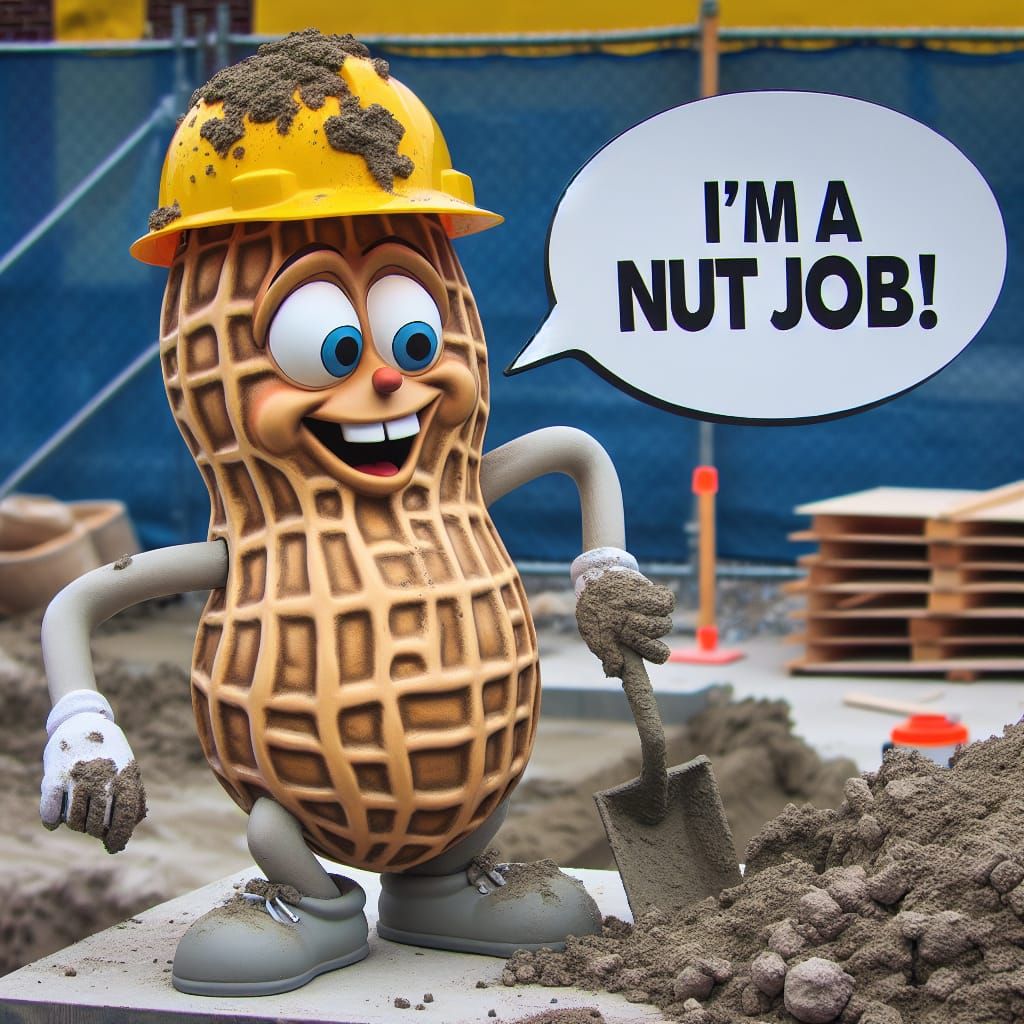 Anthropomorphic Peanut Construction Worker Saying 'I'm a Nut...
