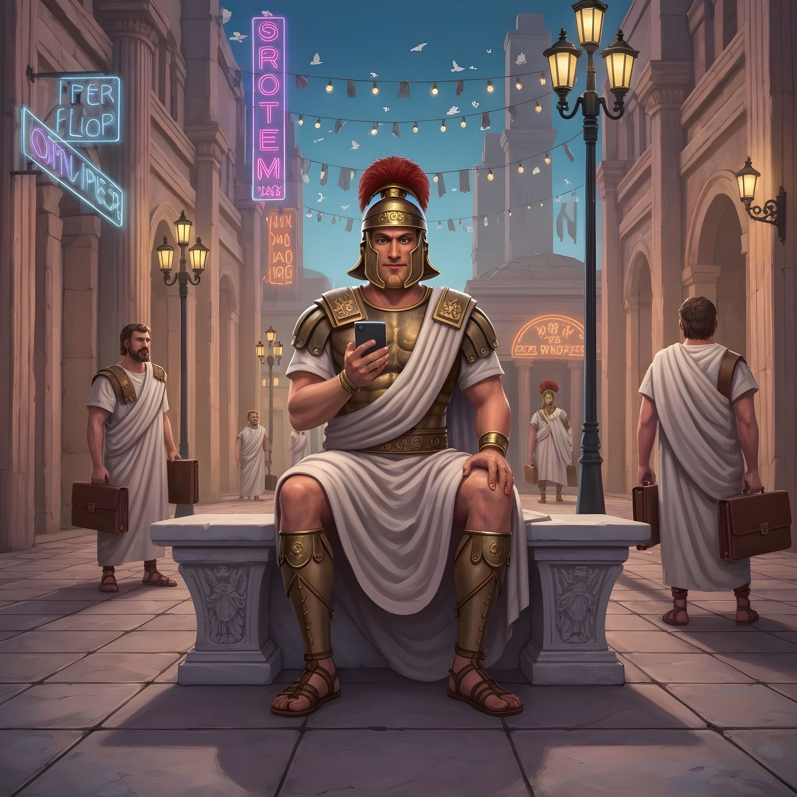 Roman City with Neon Lights: A Whimsical Digital Painting