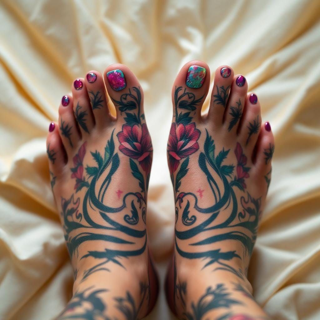 Tattooed Feet with Pedicure: Hyperrealistic Close-Up