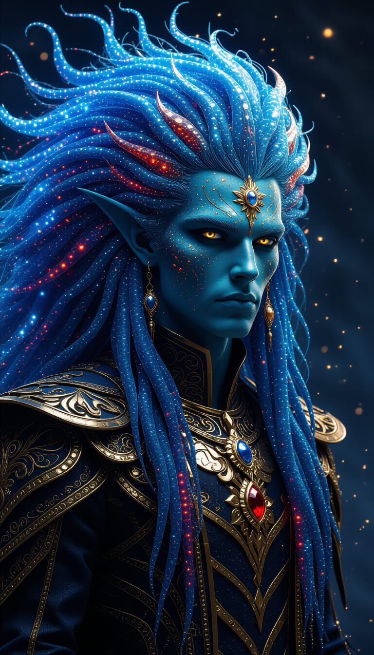 Alien Prince Portrait with Glowing Hair in Dark Fantasy Styl...