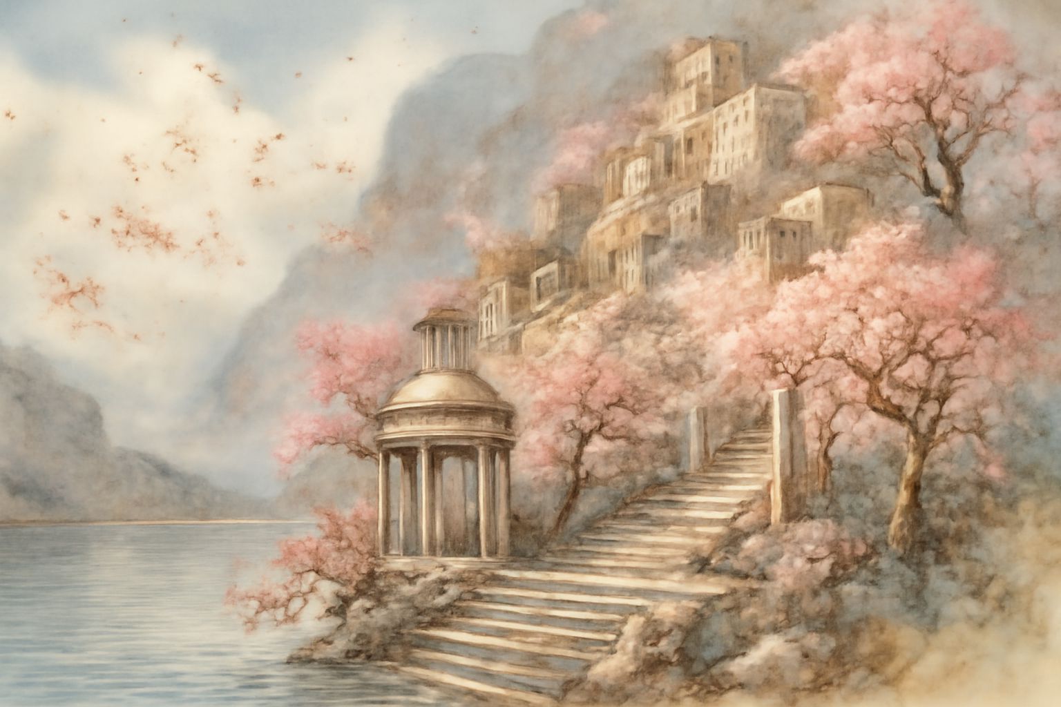 Lost Cascading City by Quiet Lake, Pastel Landscape