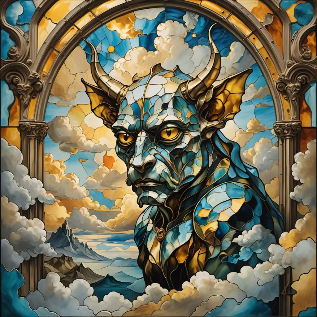 Surreal Stained Glass Gargoyle with Golden Clouds