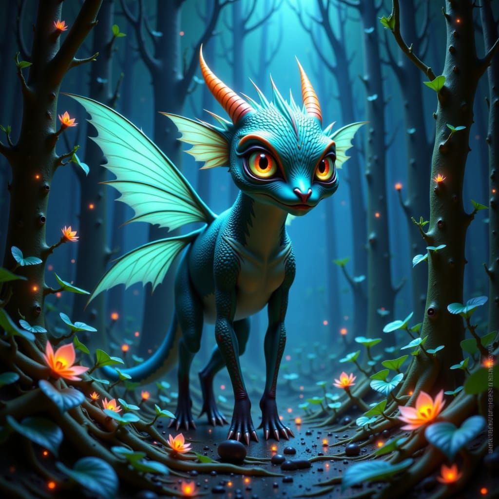 Fantastical Creature in Bioluminescent Forest