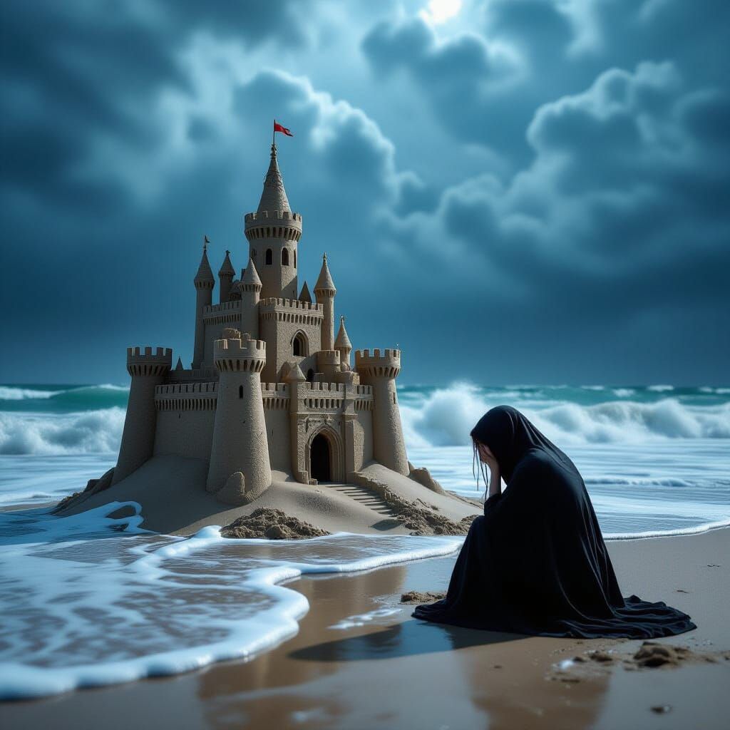 Melancholy Sandcastle Washed Away by Stormy Sea