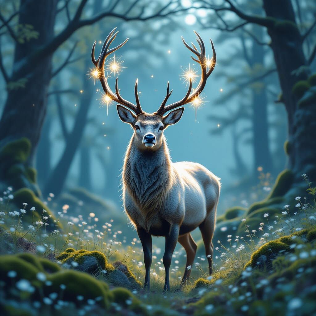 Celestial Deer in Enchanted Forest, Ethereal Digital Art