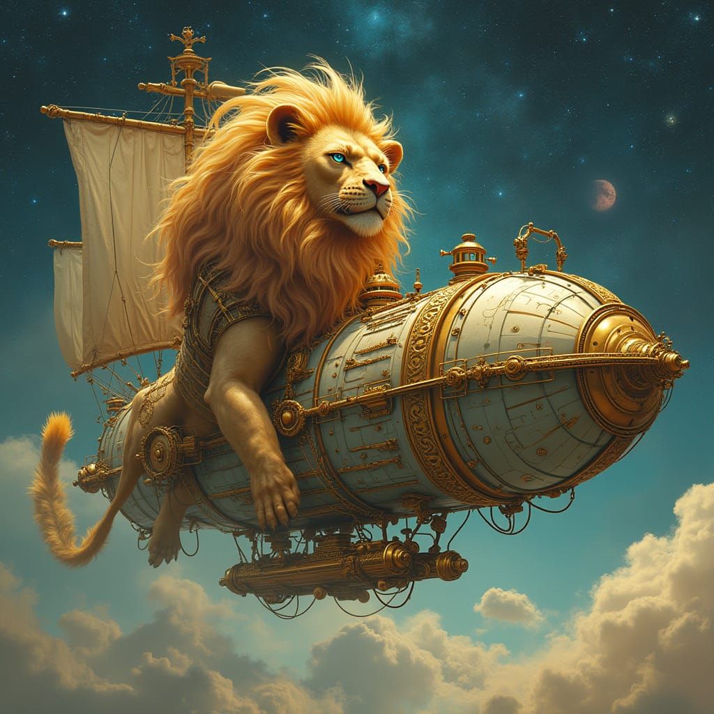 Steampunk Lion Airship Soaring Through Nebulae