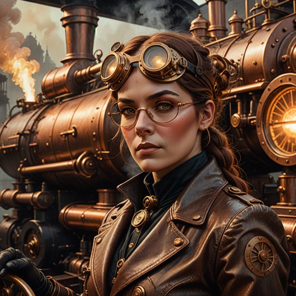 Steampunk Woman Driving Steam Locomotive Illustration