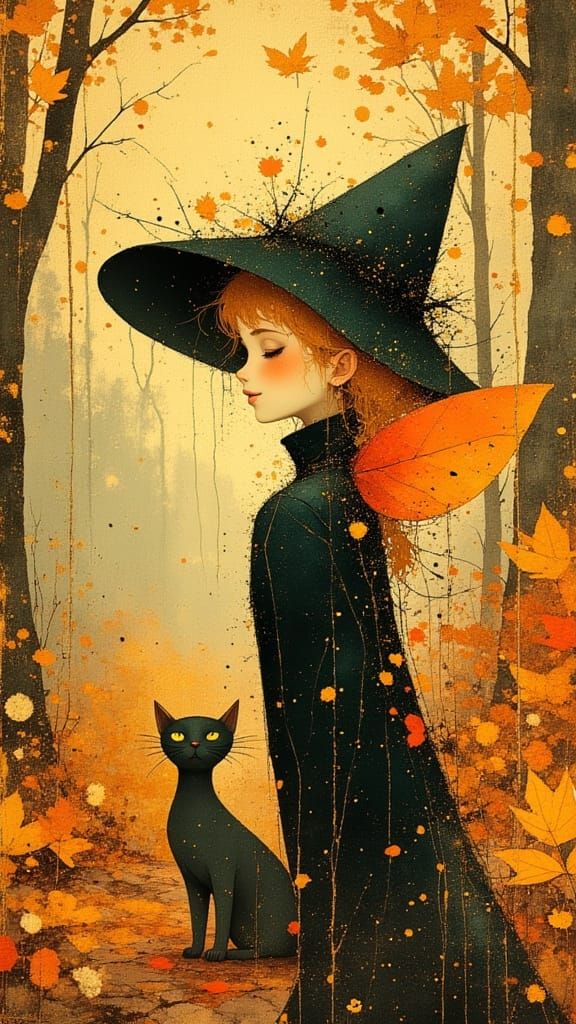 Autumn Fairy and Happy Cat in Luminous Forest