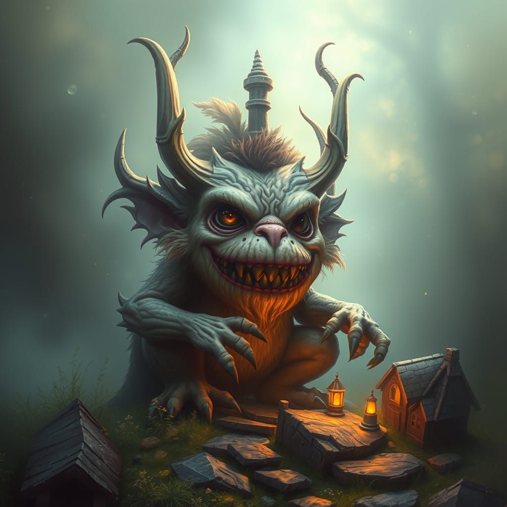 Grumpy Creature in Ethereal Fantasy Landscape