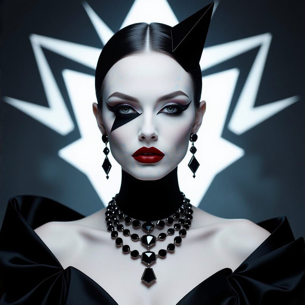 Avant-Garde Model with Square Face in Surreal Haute Couture