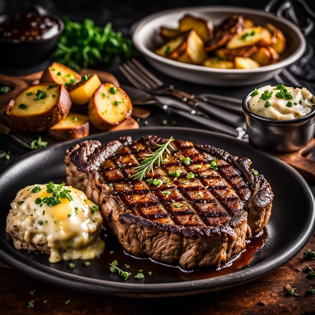 Hyperrealistic Ribeye Steak and Loaded Potato Dinner