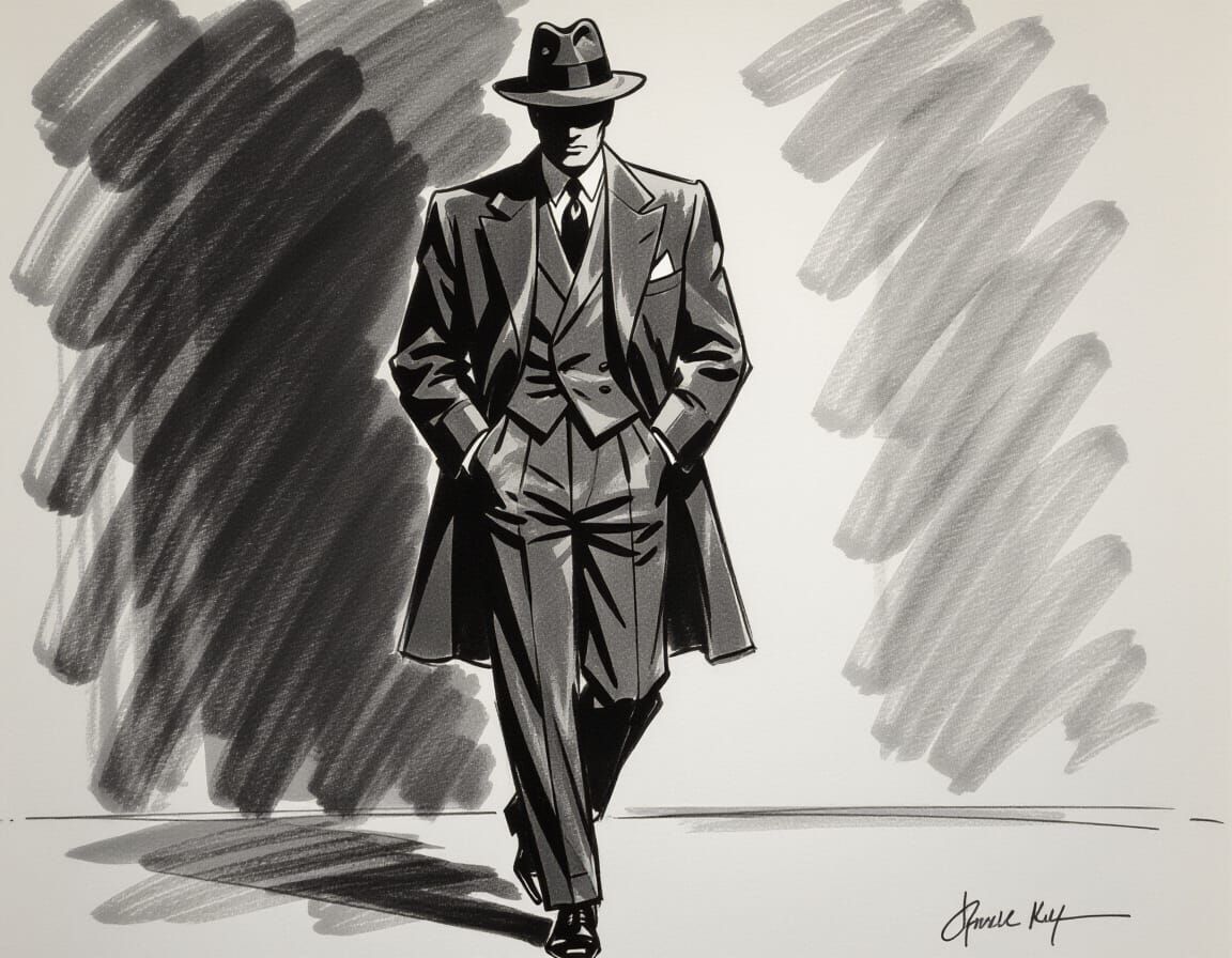 Dramatic Charcoal Sketch of Man in 1950s Fashion