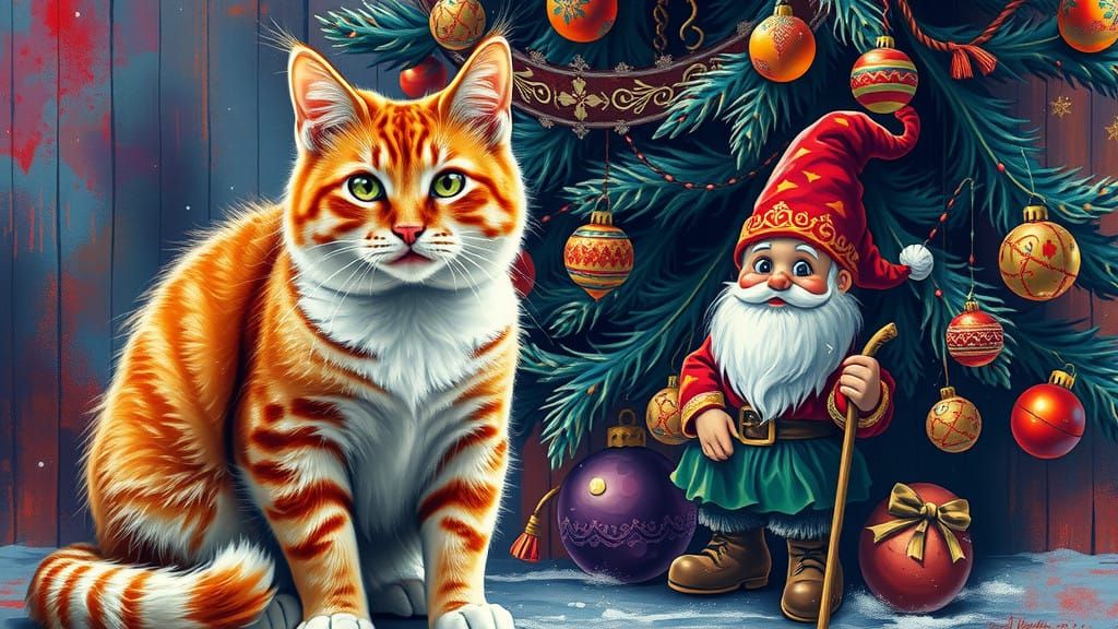 Vibrant Orange Tabby Cat Beside Whimsical Gnome Santa