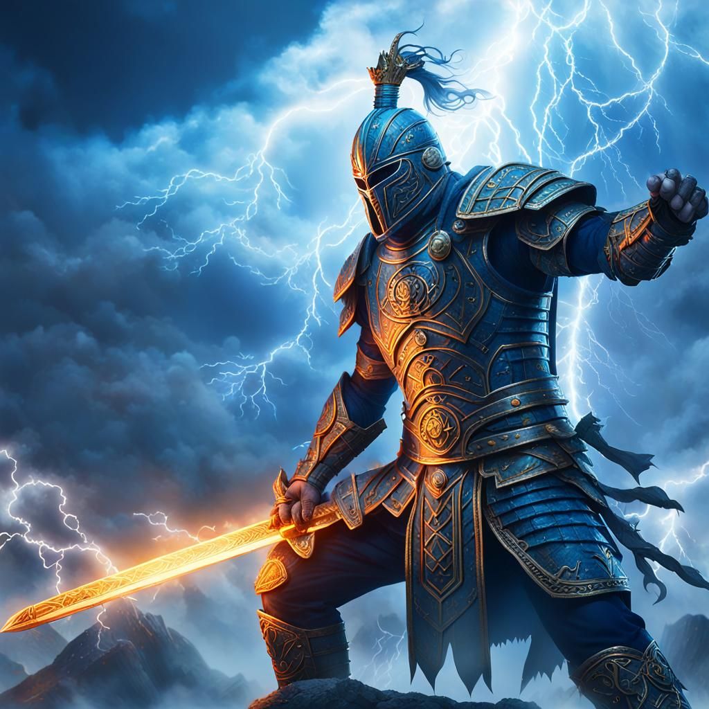 Epic Fantasy Warrior with Sword and Lightning