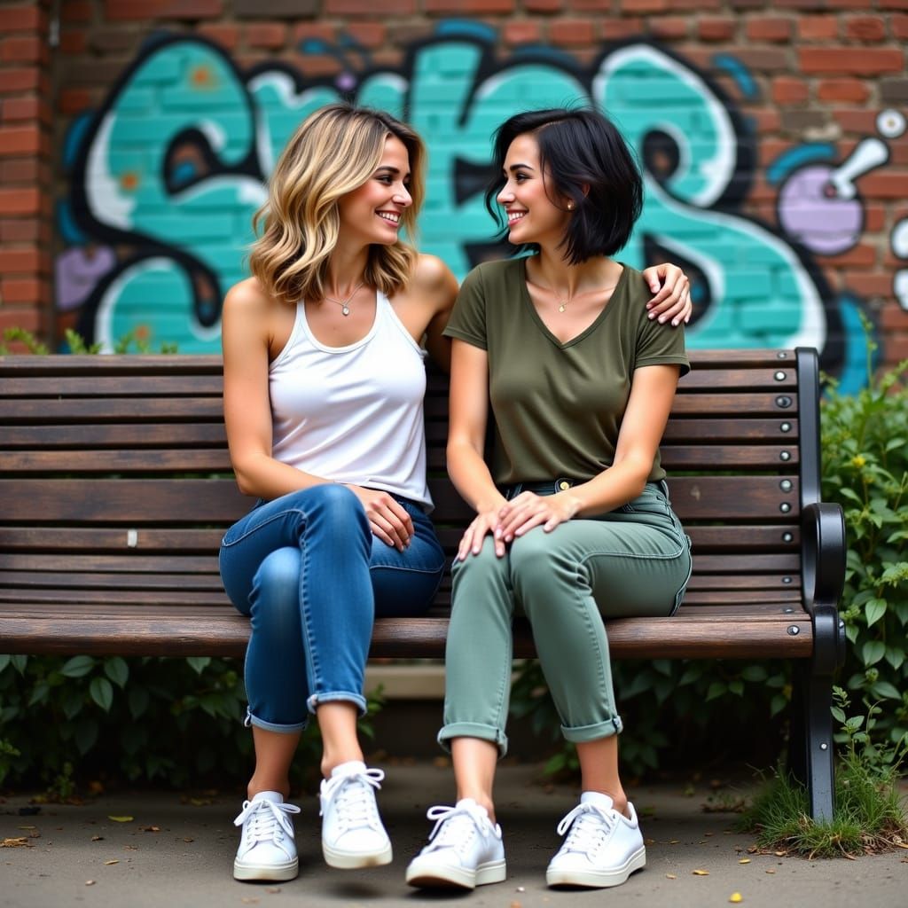 Urban Friendship: Mature Women on Graffiti Bench