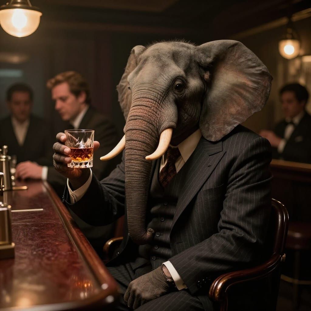 Elephant in Suit at Bar, Moody Realism