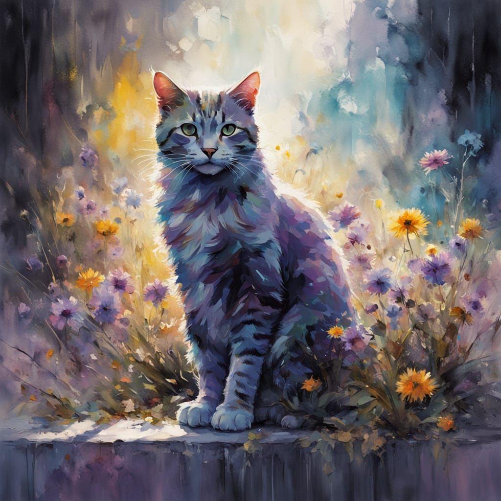 Elegant Cat in Colorful Watercolor Meadow