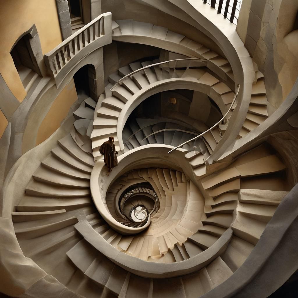 Surreal Figure Ascends Escher-Inspired Spiral Staircase