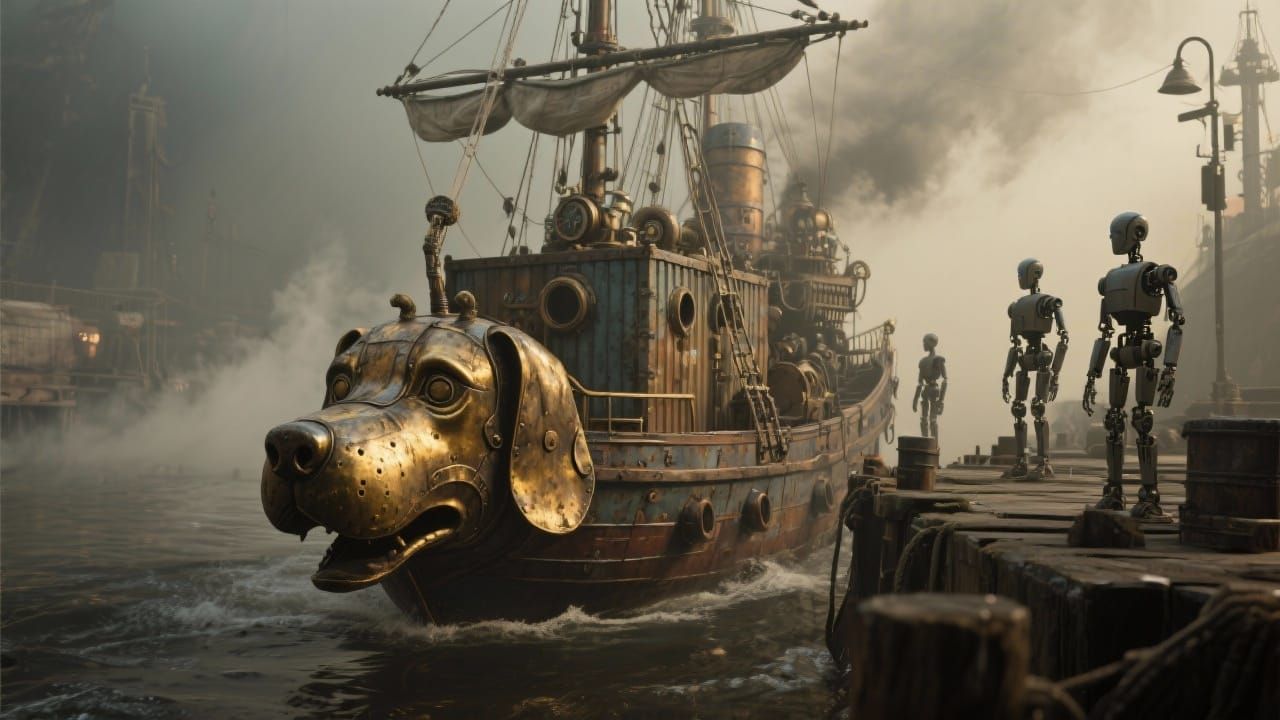 Steampunk Cargo Ship Enters Smoky Port with Robots