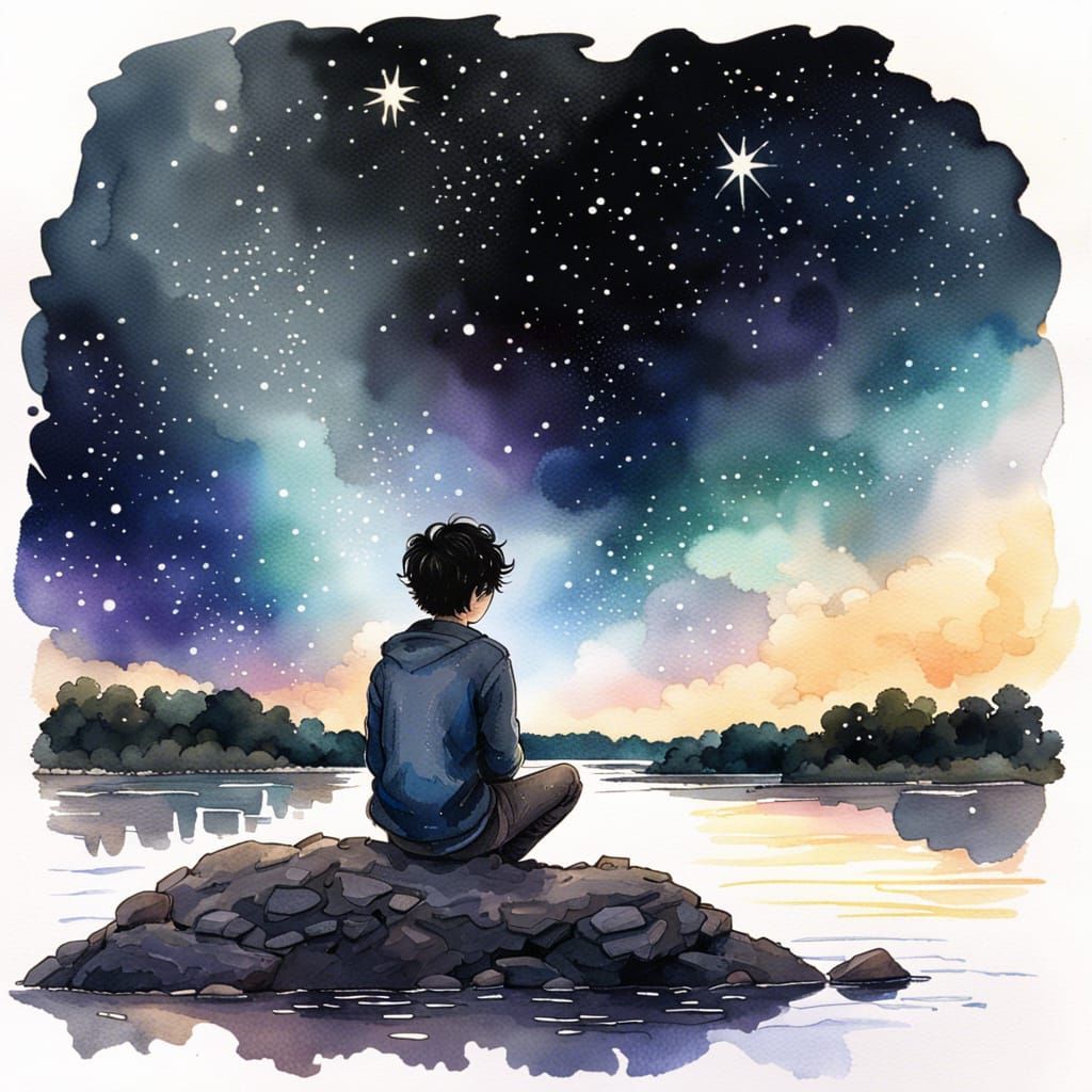 Boy Gazing at Starry Night Sky: Watercolor Illustration