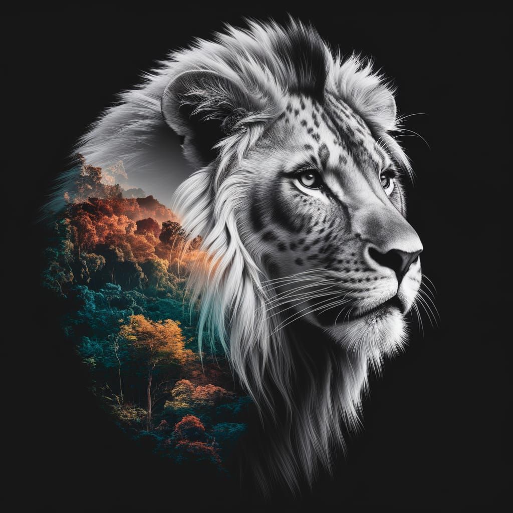 Surreal Lion's Head Merges with Jungle Landscape in Hyperdet...