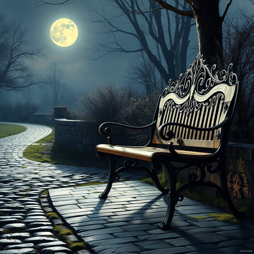 Moonlit Bench Along Winding Cobblestone Path
