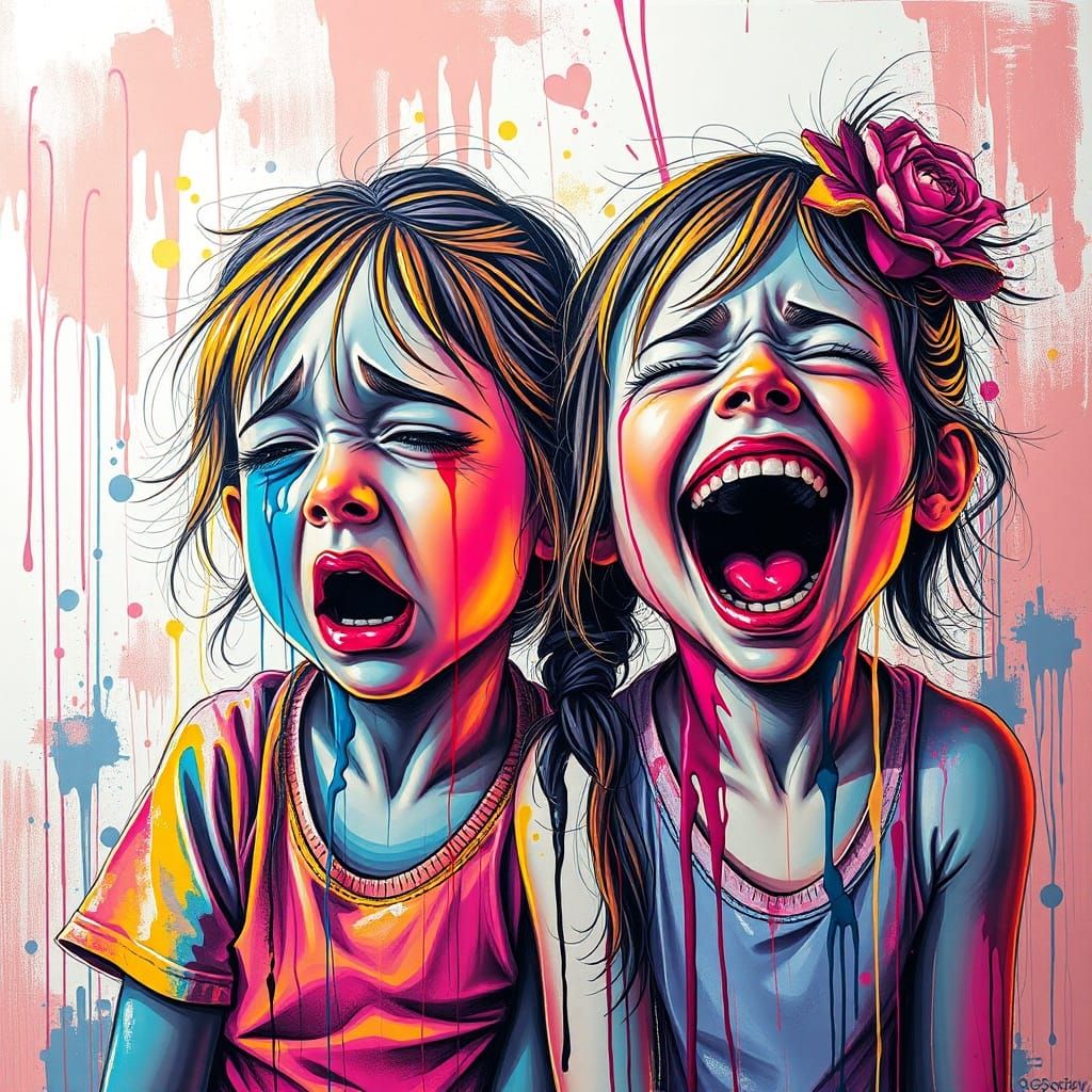 Twin Girls Contrasting Emotions in Vibrant Graffiti Art