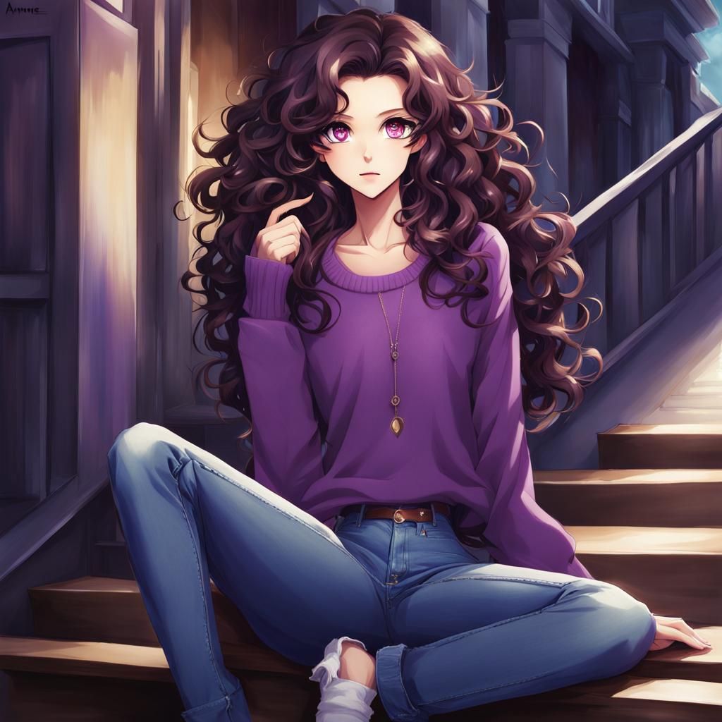 Beautiful Woman with Curly Hair in Anime Style
