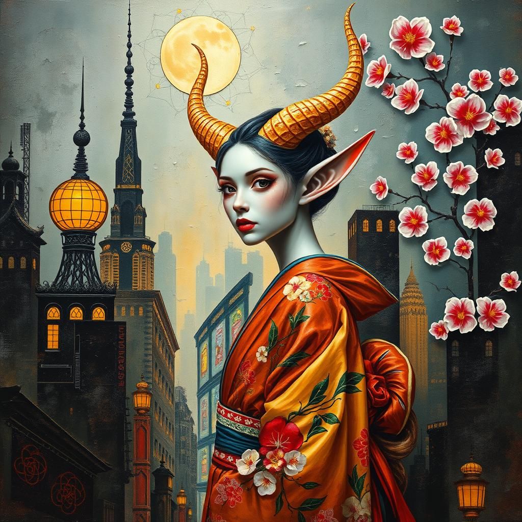 Geisha Fairy Elf in Dystopian Art Deco Cityscape