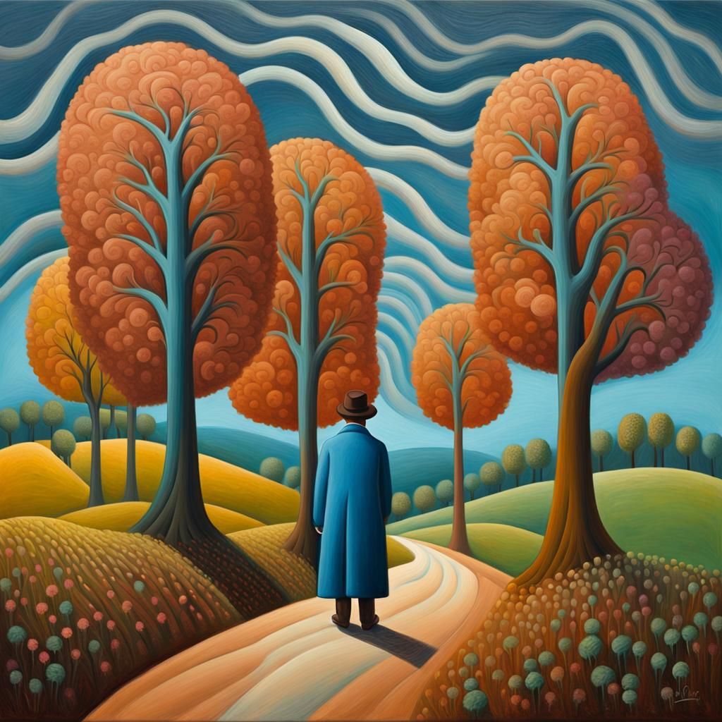 Naive Art Dreamscape with Figure in Sienna and Cerulean