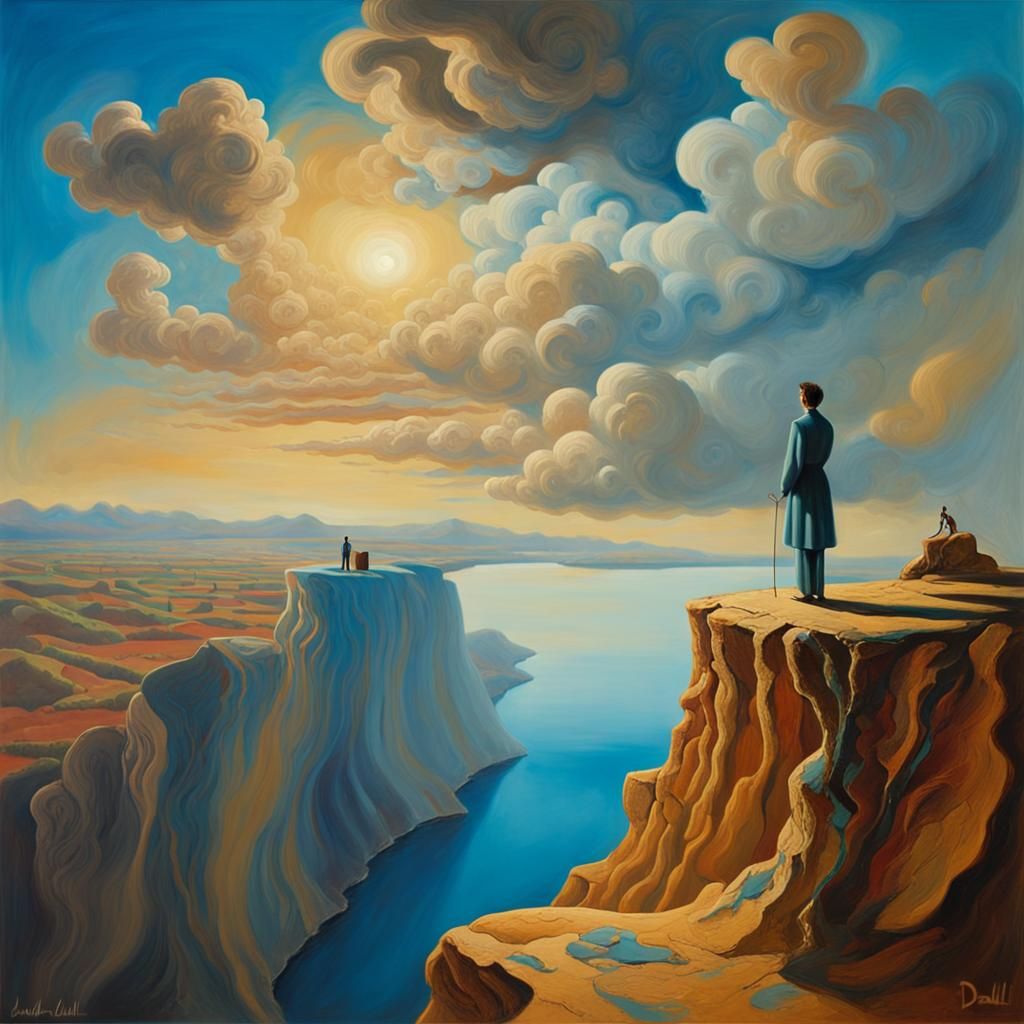 Surreal Folk Art Landscape with Swirling Clouds