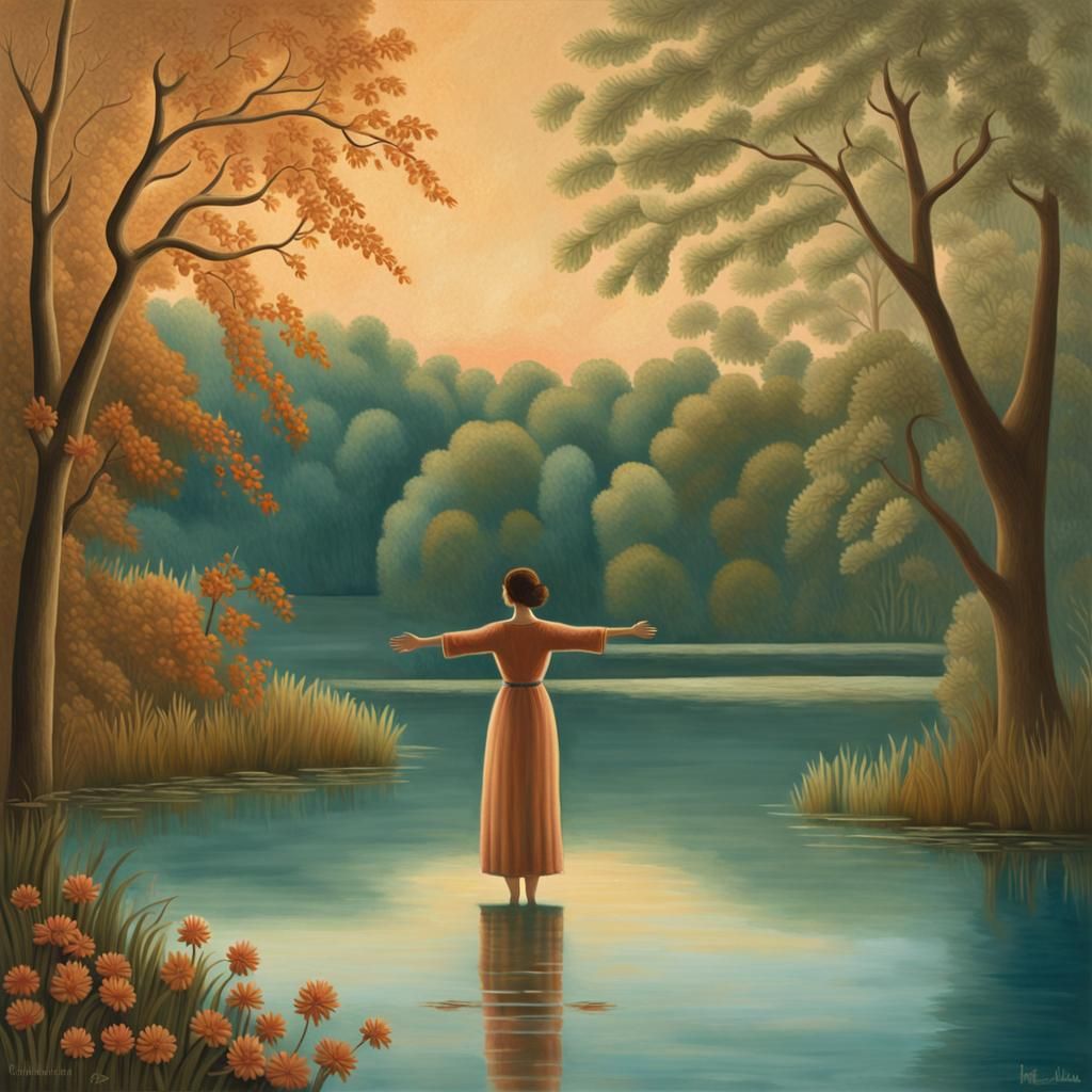 Woman by Lake in Naive Surrealist Style