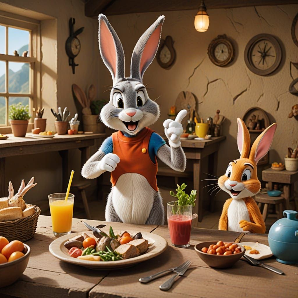 Bugs Bunny Hosts Rabbit Friend for Lunch in Burrow Living Ro...