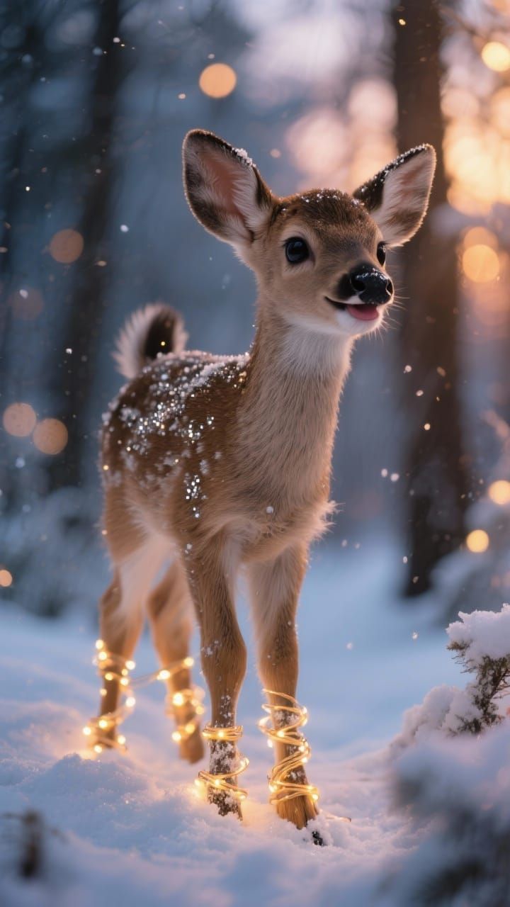 Adorable Fawn With Twinkling Christmas Lights in Snowy Fores...