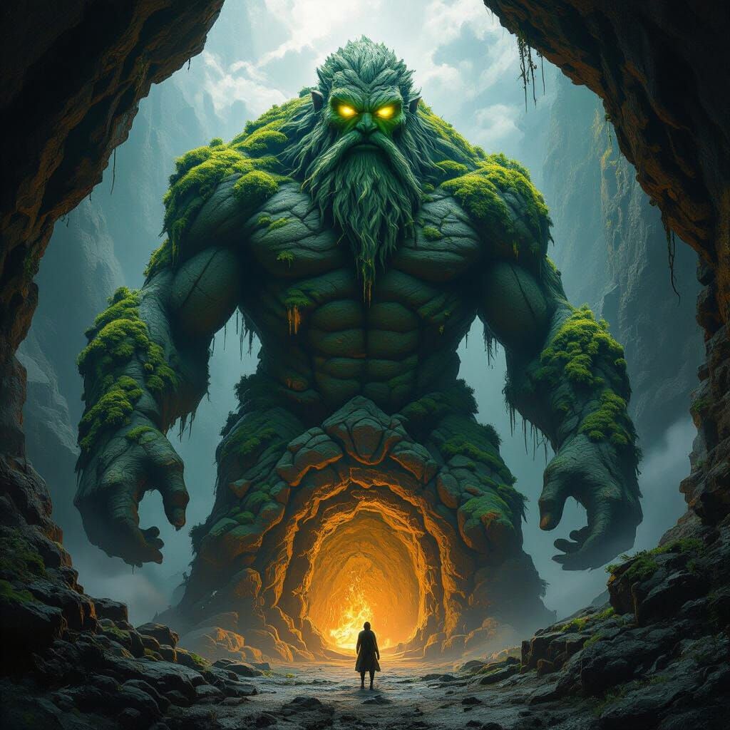 Moss Giant Guarding a Cave Entrance