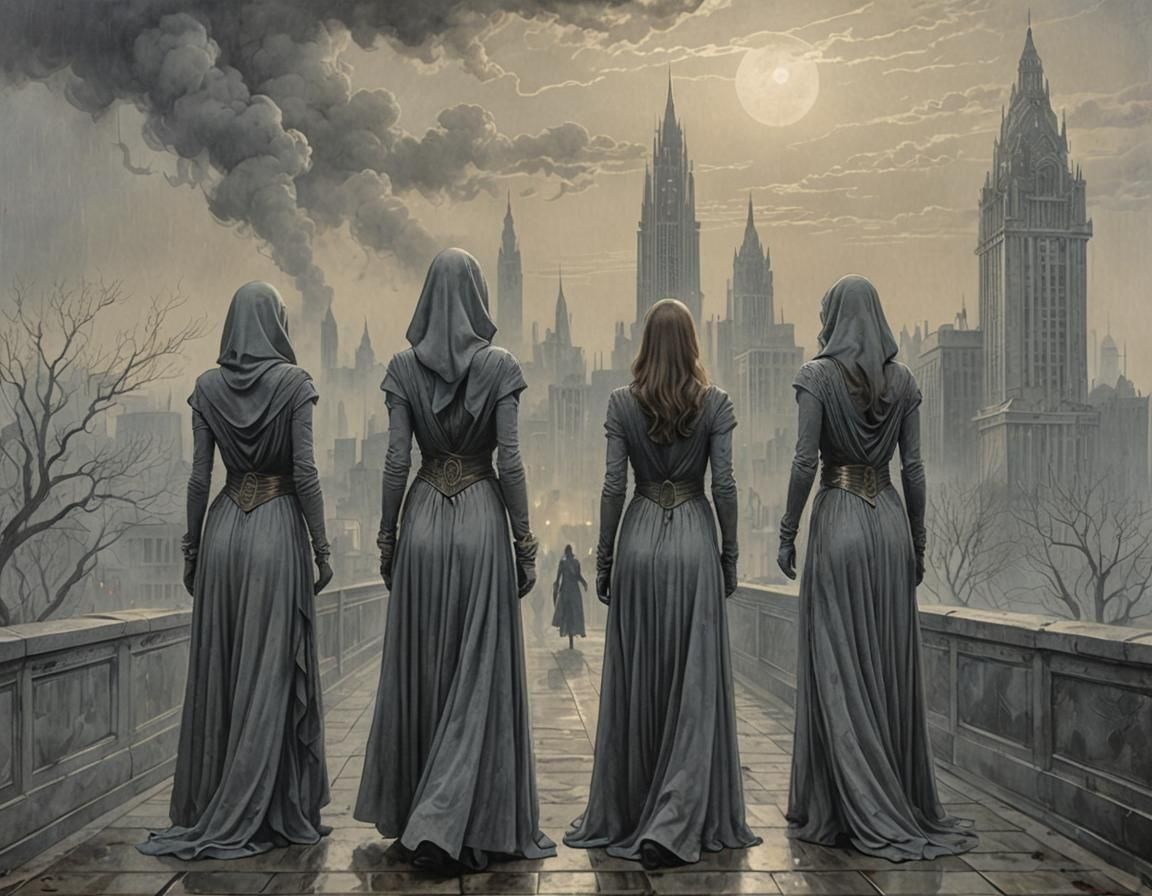 Art Deco Ladies in Foggy Cityscape