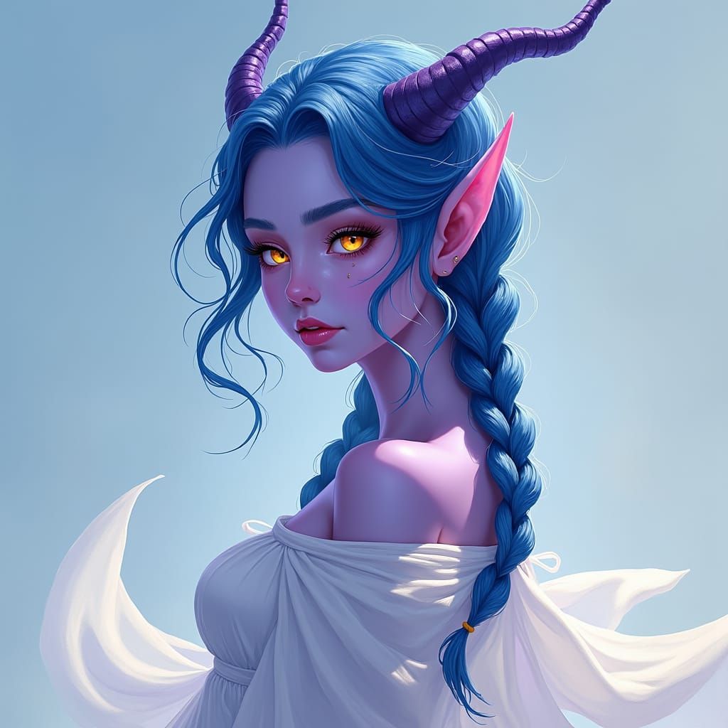 Anime Tiefling Girl with Braids and Yellow Eyes